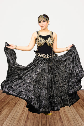Block print Assuit pattern skirt black/silver foil printing