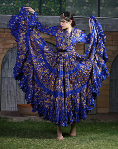 Block print Oriental Border Choli/halter top Blue/Gold