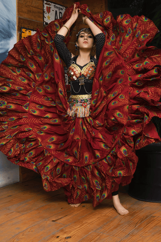 Block print peacock skirt burgundy