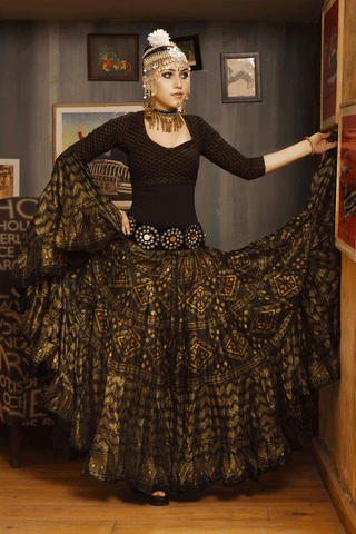 Block print Assuit pattern skirt Black/Gold Design #2