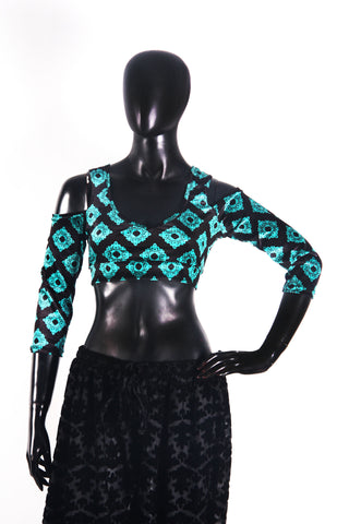 Drop shoulder Velvet Choli Black/turqouise