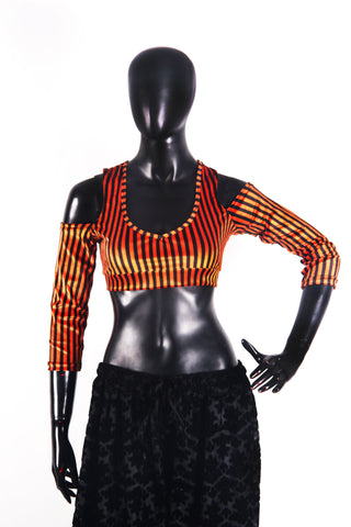 Drop shoulder Velvet Choli Black/orange stripe
