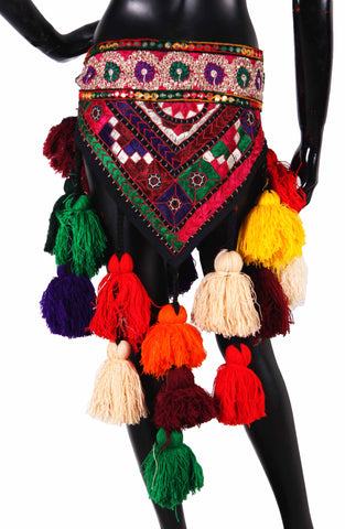 Tribal Multi Colored Embroidery Belt Cum Hipscarf Made From Wool Tassels.