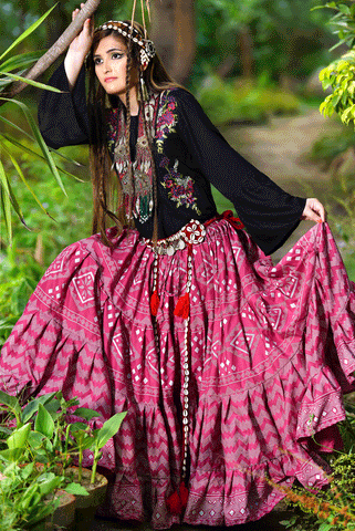 Block print Assuit pattern skirt pink/silver