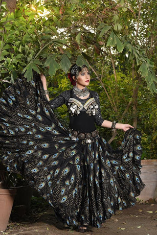 Block print skirt peacock